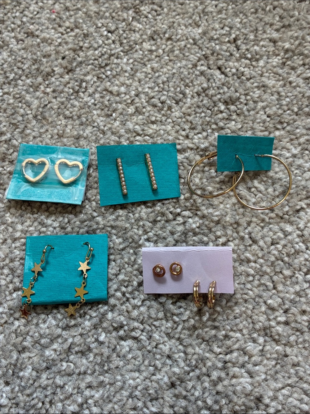 Lot of 6 Pairs Gold Tone Earrings - Hearts, Hoops, Stars & Studs